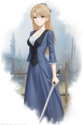Rule 34 | 1girl, blonde hair, blue dress, breasts, castle, commentary request, dress, feet out of frame, formal, grey eyes, hair between eyes, highres, holding, holding sword, holding weapon, long hair, long sword, looking to the side, medium breasts, miura-n315, mole, mole under eye, original, outdoors, solo, standing, sword, weapon