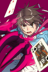 Rule 34 | 13game, 1boy, brown eyes, brown hair, card, claws, facial tattoo, floating card, hijiri rei, king (playing card), king of spades, male focus, open mouth, playing card, short hair, solo, tattoo