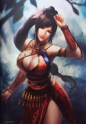 Rule 34 | 1girl, armlet, bare shoulders, black hair, breasts, brown eyes, chinese clothes, cleavage, cleavage cutout, clothing cutout, earrings, flower, flower on head, flower ornament, hair ornament, hand on head, highres, jewelry, large breasts, lian shi, long hair, looking at viewer, official art, ponytail, shin sangoku musou, solo, vambraces