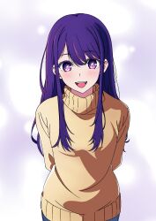 Rule 34 | 1girl, :d, amaha mei, anime coloring, arms behind back, blue pants, blush, brown sweater, commentary request, cowboy shot, hair between eyes, highres, hoshino ai (oshi no ko), long hair, looking at viewer, open mouth, oshi no ko, pants, purple eyes, purple hair, smile, solo, star-shaped pupils, star (symbol), sweater, swept bangs, symbol-shaped pupils, teeth, turtleneck, turtleneck sweater, upper teeth only