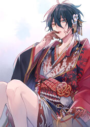 Rule 34 | 1boy, black hair, blue eyes, commentary, ensemble stars!, facepaint, fang, fingernails, floral print, flower, hair between eyes, hair flower, hair ornament, hand to own mouth, heterochromia, japanese clothes, kagehira mika, kimono, knees together feet apart, knees up, long sleeves, male focus, open mouth, seuga, short hair, solo, spider lily print, tassel, white flower, yellow eyes