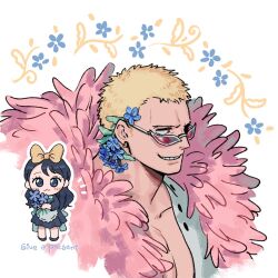 Rule 34 | 1boy, 1girl, aged down, apron, baby 5, black eyes, black hair, blonde hair, bow, chibi, coat, donquixote doflamingo, earrings, feather coat, flower, flower wreath, hair bow, holding, holding flower, jewelry, ketta43702, long hair, looking over eyewear, one piece, open clothes, pink coat, shirt, short hair, simple background, smile, sunglasses, twitter username, upper body, white shirt, yellow bow