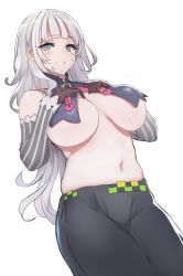Rule 34 | 1girl, :d, aged up, alternate breast size, arm warmers, bad id, bad twitter id, black gloves, blunt bangs, blush, breasts, commentary, gloves, green eyes, grey hair, grin, highres, hololive, large breasts, long hair, looking at viewer, meme50, murasaki shion, murasaki shion (1st costume), navel, no bra, open mouth, pants, pinstripe pattern, pinstripe shirt, shirt, simple background, smile, solo, striped clothes, striped shirt, underboob, vertical-striped clothes, vertical-striped shirt, virtual youtuber