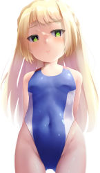 Rule 34 | 1girl, alternate costume, arm behind back, blonde hair, blue one-piece swimsuit, blunt bangs, breasts, commentary request, commission, competition swimsuit, covered navel, cowboy shot, creatures (company), game freak, gluteal fold, green eyes, highleg, highleg swimsuit, highres, lillie (pokemon), long hair, nintendo, one-piece swimsuit, oren (770len), pokemon, pokemon sm, shiny skin, simple background, small breasts, solo, swimsuit, white background, wide hips
