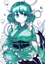 Rule 34 | 1girl, abf, ballpoint pen (medium), blue eyes, blue hair, blush, breasts, bubble, drill hair, fins, head fins, japanese clothes, kimono, large breasts, long sleeves, looking at viewer, marker (medium), matching hair/eyes, mermaid, monochrome, monster girl, obi, sash, short hair, simple background, smile, solo, touhou, traditional media, underwater, wakasagihime, white background, wide sleeves