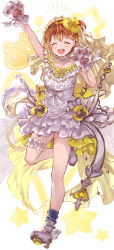Rule 34 | 1girl, animal hands, animal print, artist name, artist request, bare shoulders, blush, boots, cat print, closed eyes, collarbone, detached collar, dress, female focus, flower, full body, gloves, granblue fantasy, hair between eyes, hair flower, hair ornament, hairband, highres, hoshizora rin, looking at viewer, love live!, love live! school idol project, maid headdress, off-shoulder dress, off shoulder, orange hair, paw gloves, paw pose, short hair, single glove, sirokagitukito, skirt, smile, solo, standing, standing on one leg, thigh strap, white background, white dress, white skirt, yellow flower
