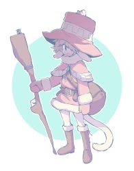 Rule 34 | 1girl, androgynous, animal ears, belt, boots, brown hair, capelet, color variation, fur trim, gun, hat, highres, holding, holding gun, holding weapon, knee boots, mittens, orenji (orenjipiiru), original, simple background, solo, tail, weapon, witch