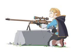Rule 34 | 1girl, automatic giraffe, braid, braided bangs, cape, commentary, elf, english commentary, gun, hair ornament, hairclip, kneeling, nintendo, on one knee, pointy ears, princess zelda, rifle, rock, sniper rifle, solo, the legend of zelda, the legend of zelda: breath of the wild, weapon, weapon request, white background