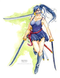 Rule 34 | 1girl, blue hair, boots, commentary, cosplay, dress, english commentary, highres, holding, holding sword, holding weapon, nico robin, nonmetallicmetal, one piece, ponytail, roronoa zoro, roronoa zoro (cosplay), short dress, sidelocks, simple background, sunglasses, sword, walking, weapon
