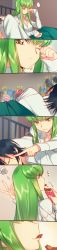 Rule 34 | 1boy, 1girl, 6koma, ^^^, breasts, c.c., cheek poking, chocolate, cleavage, code geass, comic, creayus, eating, food in mouth, green hair, highres, lelouch vi britannia, litter, long hair, long image, long sleeves, looking at another, medium breasts, mouth hold, pajamas, poking, sidelocks, sleeping, smile, tall image, waking up, yellow eyes
