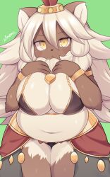 Rule 34 | 1girl, absurdres, bikini, black bikini, breasts, character request, cleavage, closed mouth, copyright request, furry, furry female, green background, highres, large breasts, long hair, looking at viewer, navel, plump, ryuusui arumo, simple background, solo, swimsuit, white hair, yellow eyes
