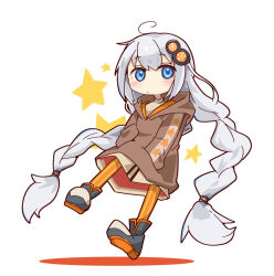 Rule 34 | 1girl, :/, a.i. voice, adapted costume, ahoge, blue eyes, blush, braid, brown dress, brown hoodie, closed mouth, dress, floating, full body, grey hair, hair ornament, hands in pockets, hood, hood down, hoodie, kizuna akari, kizuna akari (a.i. voice), long hair, long sleeves, looking at viewer, low twin braids, orange pantyhose, pantyhose, short dress, simple background, solo, star (symbol), twin braids, very long hair, voiceroid, white background, yamainu luna