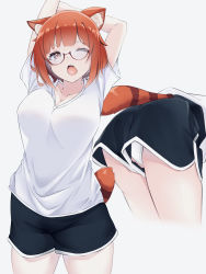 Rule 34 | 1girl, animal ear fluff, arms behind head, arms up, black shorts, breasts, commentary request, dolphin shorts, fang, glasses, highres, large breasts, medium hair, multiple views, nashiki (5tella), nijisanji, one eye closed, open mouth, orange hair, panties, panty peek, raccoon tail, ratna petit, shirt, short sleeves, shorts, simple background, tail, teeth, underwear, upper teeth only, virtual youtuber, white background, white panties, white shirt