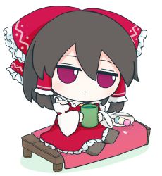 Rule 34 | 1girl, ascot, bench, blanket, bow, brown footwear, brown hair, candy, character doll, collar, cup, detached sleeves, doll, eyebrows hidden by hair, food, fumo (doll), hair between eyes, hair bow, hair tubes, hakurei reimu, highres, medium hair, nontraditional miko, red bow, red eyes, red shirt, red skirt, rei (tonbo0430), ribbon-trimmed sleeves, ribbon trim, shirt, sidelocks, simple background, sitting, skirt, skirt set, sleeveless, solo, touhou, white background, white collar, yellow ascot