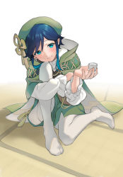 Rule 34 | 1boy, aqua eyes, aqua hair, black hair, blush, cape, closed mouth, cup, genshin impact, gradient hair, green cape, green hat, green shorts, hat, head tilt, holding, holding cup, korean commentary, long sleeves, looking at viewer, male focus, multicolored hair, official alternate costume, pagye, pantyhose, shorts, simple background, sitting, solo, tatami, trap, venti (genshin impact), white pantyhose