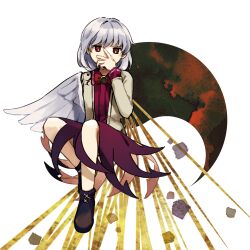 Rule 34 | 1girl, black footwear, boots, covering own mouth, dress, feathered wings, full body, grey hair, grey jacket, jacket, kaigen 1025, kishin sagume, long sleeves, open clothes, open jacket, purple dress, red eyes, short hair, simple background, single wing, solo, touhou, white background, white wings, wings