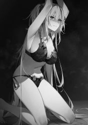 Rule 34 | 1girl, armpits, arms up, bare arms, bare shoulders, barefoot, bra, breasts, closed mouth, frown, greyscale, hair ribbon, kneeling, large breasts, lingerie, monochrome, navel, panties, ribbon, riselia ray crystalia, seiken gakuin no maken tsukai, side-tie panties, solo, spaghetti strap, stomach, string panties, thighs, toosaka asagi, underwear, underwear only, v-shaped eyebrows