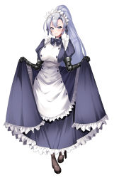 Rule 34 | 1girl, absurdres, black bow, black gloves, blue eyes, bow, breasts, brown footwear, elbow gloves, gloves, grey hair, high heels, high ponytail, highres, long hair, maid headdress, puffy short sleeves, puffy sleeves, short sleeves, simple background, skirt hold, smile, solo, standing, tachi-e, uzura (moimoi), white background