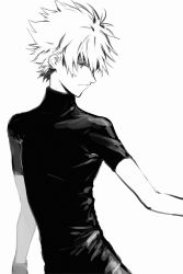 Rule 34 | 11kkr, 1boy, alternate costume, arms at sides, bishounen, black shirt, black theme, expressionless, facing away, greyscale, half-closed eyes, highres, looking afar, male focus, messy hair, monochrome, nagisa kaworu, neon genesis evangelion, parted lips, profile, shaded face, shirt, short sleeves, simple background, skinny, solo, tight clothes, tight shirt, turtleneck, upper body, white background