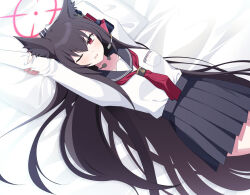Rule 34 | 1girl, ;o, animal ear fluff, animal ears, arm behind head, arm up, bed sheet, black hair, black skirt, blue archive, commentary request, commission, eko, fox ears, fox girl, hair between eyes, halo, headset, highres, long hair, long sleeves, looking at viewer, lying, on back, one eye closed, parted lips, pleated skirt, red eyes, school uniform, serafuku, sidelocks, simple background, skeb commission, skirt, solo, stretching, yukino (blue archive)