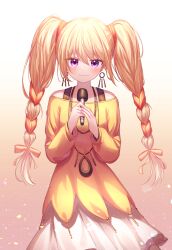 Rule 34 | 1girl, absurdres, bannie (bom4819), blonde hair, blush, braid, closed mouth, dress, earrings, hair ribbon, highres, holding, holding microphone, hoshina utau, jewelry, long hair, long sleeves, looking at viewer, microphone, necklace, off-shoulder dress, off shoulder, orange ribbon, purple eyes, ribbon, shugo chara!, smile, solo, twin braids, yellow dress