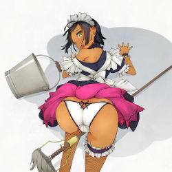 Rule 34 | 1girl, apron, ass, back, bare shoulders, between legs, black hair, blush, bridal garter, broom, bucket, choker, clothes lift, dark-skinned female, dark skin, dress, f-ism, fishnet thighhighs, fishnets, frills, from above, highres, keyhole, keyhole panties, looking back, maid, maid apron, maid headdress, murakami suigun, off shoulder, open mouth, original, panties, puffy sleeves, short hair, short sleeves, skirt, skirt lift, solo, spill, thigh strap, thighhighs, top-down bottom-up, underwear, white panties, yellow eyes