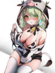 Rule 34 | 1girl, absurdres, animal print, antlers, bell, between legs, bikini, blush, breasts, ceres fauna, cleavage, cow girl, cow hood, cow print, cow print bikini, cow tail, cowbell, ear piercing, flower, green hair, hair flower, hair ornament, hand between legs, hand up, heart, heart-shaped pupils, highres, hololive, hololive english, horns, large breasts, long hair, looking at viewer, neck bell, parted lips, piercing, print bikini, rosebell, signature, simple background, sitting, skindentation, solo, string bikini, swimsuit, symbol-shaped pupils, tail, thighs, virtual youtuber, white background, yellow eyes