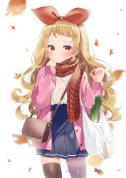 Rule 34 | 1girl, absurdres, alternate costume, autumn, autumn leaves, azur lane, bag, beige sweater, black thighhighs, blonde hair, blue skirt, blush, bow, cardigan, commentary request, commission, cowboy shot, falling leaves, forehead, groceries, grocery bag, hair bow, hairband, handbag, highres, jenkins (azur lane), leaf, spring onion, long hair, looking at viewer, nail polish, open cardigan, open clothes, pink cardigan, pink nails, plaid, plaid scarf, pleated skirt, red bow, red eyes, red scarf, scarf, shokorate, shopping bag, sidelocks, simple background, skeb commission, skindentation, skirt, sleeves past wrists, solo, standing, thighhighs, white background