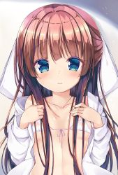 Rule 34 | 1girl, absurdres, blue eyes, bow, breasts, brown hair, collarbone, covered erect nipples, hair bow, highres, long hair, long sleeves, neko pan, off shoulder, open clothes, open shirt, original, shirt, sidelocks, small breasts, solo, upper body, white bow, white shirt