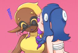 Rule 34 | ..., 2girls, bare shoulders, blonde hair, blue hair, breasts, chest sarashi, closed eyes, colored eyelashes, colored tips, commentary request, dark-skinned female, dark skin, earrings, fang, frye (splatoon), hair tie, inkling, jewelry, long hair, long pointy ears, multicolored hair, multiple earrings, multiple girls, nintendo, octoling, open mouth, pink background, pointy ears, purple hair, sarashi, shirt, shiver (splatoon), short eyebrows, simple background, sleeveless, sleeveless shirt, somakusha, splatoon (series), splatoon 3, tentacle hair, thick eyebrows, tooth earrings, two-tone hair, yellow shirt, yuri, zzz