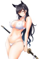 Rule 34 | 1girl, animal ears, atago (azur lane), atago (summer march) (azur lane), azur lane, bare arms, bare shoulders, bikini, blush, breasts, brown eyes, cameltoe, choker, cleavage, covered erect nipples, cowboy shot, groin, hair ribbon, holding, holding sword, holding weapon, large breasts, long hair, looking at viewer, mole, mole under eye, navel, ribbon, sheath, sheathed, simple background, skindentation, solo, standing, stomach, straight hair, swept bangs, swimsuit, sword, thighs, weapon, white background, white bikini, white choker, white ribbon, yammy