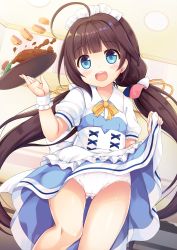 Rule 34 | 10s, 1girl, :d, ahoge, apron, blue dress, blue eyes, blunt bangs, blush, bow, brown hair, clothes lift, commentary request, dress, dress lift, dutch angle, food, frilled apron, frills, head tilt, highres, hinatsuru ai, holding, holding tray, indoors, lifted by self, long hair, looking at viewer, low twintails, maid headdress, open mouth, panties, puffy short sleeves, puffy sleeves, round teeth, ryuuou no oshigoto!, sakuraba hikaru (loveindog), short sleeves, smile, solo, standing, teeth, tray, twintails, underwear, upper teeth only, very long hair, waist apron, waitress, white apron, white panties, wrist cuffs, yellow bow