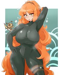 Rule 34 | 1girl, absurdres, ashy (dankestsin), black bodysuit, blush, bodysuit, breasts, covered navel, freckles, green eyes, hand on own hip, highres, ishmael (project moon), large breasts, limbus company, long hair, looking at viewer, orange hair, ponytail, project moon, solo, thick thighs, thighs, very long hair
