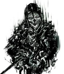 Rule 34 | 1boy, cloak, corvo attano, dishonored, hood, hooded cloak, knife, looking at viewer, mask, merpperoni, monster, simple background, white background
