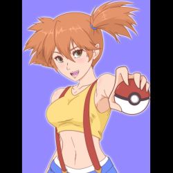 Rule 34 | 1girl, armpits, artist request, asymmetrical hair, creatures (company), denim, denim shorts, eyelashes, game freak, gen 1 pokemon, green eyes, gym leader, hair between eyes, hair tie, highres, holding, holding poke ball, looking at viewer, misty (pokemon), navel, nintendo, orange hair, poke ball, pokemon, pokemon (anime), pokemon (classic anime), ponytail, shirt, short hair, short shorts, shorts, side ponytail, solo, source request, suspenders, tank top, wide hips, yellow shirt, yellow tank top