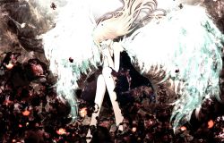 Rule 34 | 1girl, angel, angel wings, aonoe, black dress, dress, closed eyes, female focus, own hands clasped, long legs, megurine luka, own hands together, pink hair, praying, sitting, solo, tears, vocaloid, wings