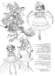 Rule 34 | 3girls, bat wings, boots, bow, broom, collage, corset, dress, flandre scarlet, frills, gloves, greyscale, hat, kirisame marisa, long hair, monochrome, multiple girls, pantyhose, remilia scarlet, scarf, short hair, smile, star (symbol), takatora, touhou, traditional media, translation request, white background, wings, witch hat