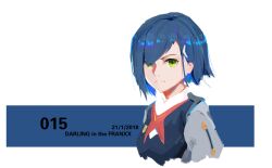 Rule 34 | 1girl, artist name, black dress, blue hair, border, breasts, character name, close-up, commentary, copyright name, cropped arms, darling in the franxx, dated, dress, dress shirt, film grain, gigi hamakaze, gradient background, green eyes, grey dress, hair ornament, hair over one eye, hairclip, ichigo (darling in the franxx), light smile, looking at viewer, military uniform, outside border, portrait, shirt, short hair, signature, small breasts, smile, solo, swept bangs, two-tone dress, uniform, upper body, white background, white border