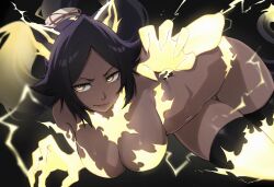 1girl bare_shoulders black_background black_thighhighs bleach bleach:_sennen_kessen-hen breasts channyy19 dark-skinned_female dark_skin electricity electrokinesis female_focus functionally_nude hair_ears hair_ornament highres large_breasts long_hair parted_bangs ponytail purple_hair shihouin_yoruichi shiny_skin simple_background tail thighhighs thighs yellow_eyes