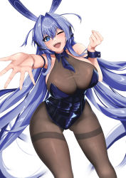 Rule 34 | 1girl, absurdly long hair, absurdres, anchor ornament, animal ears, azur lane, bare shoulders, black leotard, black pantyhose, blue eyes, blue hair, bodystocking, breasts, cleavage, fake animal ears, hair intakes, highres, huge breasts, leaning forward, leotard, long hair, looking at viewer, necktie, new jersey (azur lane), new jersey (exhilarating steps!) (azur lane), official alternate costume, ojisan f, one eye closed, open mouth, outstretched arms, oversized breast cup, pantyhose, playboy bunny, purple leotard, rabbit ears, see-through, see-through cleavage, short necktie, sideboob, smile, solo, standing, strapless, strapless leotard, very long hair, white background, wrist cuffs