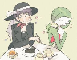 Rule 34 | 1girl, ^ ^, black headwear, black suit, cake, chewing, closed eyes, colored skin, commentary, creatures (company), cup, diantha (pokemon), drinking, flower, food, fork, formal, game freak, gardevoir, gen 3 pokemon, green hair, grey background, grey hair, hat, hat ribbon, highres, holding, holding fork, miramu love, nintendo, plate, pokemon, pokemon (anime), pokemon (creature), pokemon xy (anime), ribbon, short hair, simple background, spoon, suit, sun hat, symbol-only commentary, table, tea, teacup, teapot, white ribbon, white skin