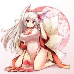 Rule 34 | 1girl, absurdres, animal ears, black footwear, breasts, floral print, flower, flower knight girl, fox ears, fox tail, full body, hair flower, hair ornament, higanbana (flower knight girl), highres, japanese clothes, kitsune, kneeling, kyuubi, large breasts, long hair, looking at viewer, multiple tails, ofuda, pelvic curtain, red eyes, shoes, side slit, smile, solo, spider lily, spider lily print, tail, tylwing, white hair