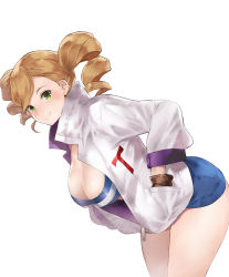 Rule 34 | 1girl, bent over, bikini, blue bikini, blue shorts, breasts, brown gloves, brown hair, cleavage, closed mouth, clothes writing, cowboy shot, drill hair, echo turbine, eco turbine, from side, gloves, green eyes, gundam, gundam tekketsu no orphans, hand in pocket, hanging breasts, high collar, highres, jacket, large breasts, legs together, long sleeves, looking at viewer, short shorts, shorts, simple background, smile, solo, striped, swimsuit, tokopi, twin drills, twintails, unzipped, white background, white jacket, zipper