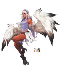 Rule 34 | 1girl, bare shoulders, bird legs, blue eyes, blue hair, blue tank top, character name, eliana (mgl139), facial mark, feathers, full body, gradient wings, harpy, heterochromia, highres, long hair, midriff, monori rogue, monster girl, multicolored hair, multicolored wings, original, second-party source, shorts, simple background, solo, talons, tan, tank top, white background, white feathers, white hair, winged arms, wings, yellow eyes