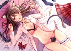 Rule 34 | 1girl, :o, animal ear fluff, animal ears, bed sheet, black legwear, blush, bow, bow bra, bow panties, bowtie, unworn bowtie, bra, breasts, bridal garter, brown eyes, brown hair, cat ears, cat girl, cat tail, cleavage, collarbone, collared shirt, commentary request, dress shirt, dutch angle, fang, food, frilled pillow, frills, fruit, hair between eyes, hair spread out, hands up, heart, holding, holding food, long hair, long sleeves, lying, medium breasts, nail polish, navel, on back, open clothes, open mouth, open shirt, original, panties, pillow, pink bra, pink nails, pink panties, plaid, plaid bow, plaid bowtie, plaid neckwear, plaid skirt, pleated skirt, red bow, red bowtie, red skirt, sakura hiyori, shirt, skirt, unworn skirt, solo, strawberry, tail, twitter username, underwear, white shirt