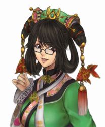 Rule 34 | 1girl, black-framed eyewear, black hair, chinese clothes, glasses, hair rings, ktovhinao, looking at viewer, mole, mole under mouth, samurai spirits, simple background, snk, solo, tassel, updo, white background, wu-ruixiang