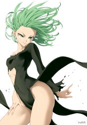 Rule 34 | 1girl, absurdres, artist name, black dress, breasts, closed mouth, collarbone, covered navel, cowboy shot, dress, floating hair, forehead, green eyes, green hair, groin, highres, one-punch man, short hair, side slit, simple background, single bare shoulder, small breasts, smile, solo, stayaliveplz, tatsumaki, taut clothes, taut dress, thighs, torn clothes, torn dress, v-shaped eyebrows, white background