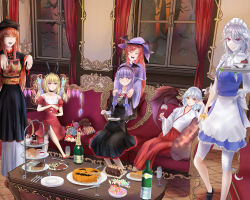 Rule 34 | 6+girls, alternate costume, animal ears, apron, bat (animal), bat wings, black dress, black footwear, blonde hair, blue eyes, blue skirt, blue vest, blunt bangs, bottle, braid, cake, calligraphy brush (medium), candy, capelet, carpet, champagne bottle, champagne flute, chinese clothes, closed eyes, commentary request, cookie, couch, crossed legs, cup, curtains, doughnut, dress, drinking glass, eating, fake animal ears, flandre scarlet, food, fork, graphite (medium), hair between eyes, hairband, hakama, hakama short skirt, hakama skirt, halloween, halloween costume, hat, head wings, holding, holding cup, holding food, holding sword, holding tray, holding weapon, hong meiling, indoors, izayoi sakuya, japanese clothes, jiangshi costume, knife, koakuma, konpeitou, leg lift, lollipop, looking back, maid headdress, miko, multiple girls, mummy costume, niradama (nira2ratama), open mouth, outstretched arms, partial commentary, patchouli knowledge, plate, purple dress, purple eyes, purple hair, reclining, red dress, red eyes, red footwear, red hair, remilia scarlet, scone, short hair, silver hair, sitting, skirt, smile, standing, standing on one leg, swirl lollipop, sword, table, teacup, teapot, teeth, tiered tray, touhou, traditional media, tray, twin braids, upper teeth only, vest, waist apron, weapon, window, wine bottle, wine glass, wings, witch hat, zombie pose