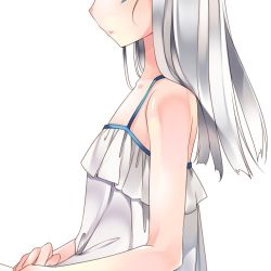 Rule 34 | 1girl, bad id, bad pixiv id, bare shoulders, camisole, elsword, eve (elsword), flat chest, head out of frame, long hair, profile, simple background, solo, vilor, white background, white hair