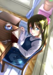 Rule 34 | 1girl, amamiya draw, aqua eyes, artist name, artist request, bare legs, belt, blue curtains, blue eyes, blue skirt, blush, book, bow, breasts, brown belt, brown hair, chair, cup, curtains, dress, dress shirt, female focus, hair between eyes, hair bow, half updo, highres, holding, holding book, indoors, layered skirt, long hair, long sleeves, looking at viewer, love live!, love live! nijigasaki high school idol club, love live! school idol festival, love live! school idol festival all stars, miniskirt, nail, nail polish, no shoes, on chair, osaka shizuku, parted lips, pink nails, pink nails, plaid, plaid skirt, plant, pleated, pleated skirt, ponytail, potted plant, red bow, shirt, sitting, skirt, smile, socks, solo, sweet chocolate (love live!), table, teacup, white shirt, window